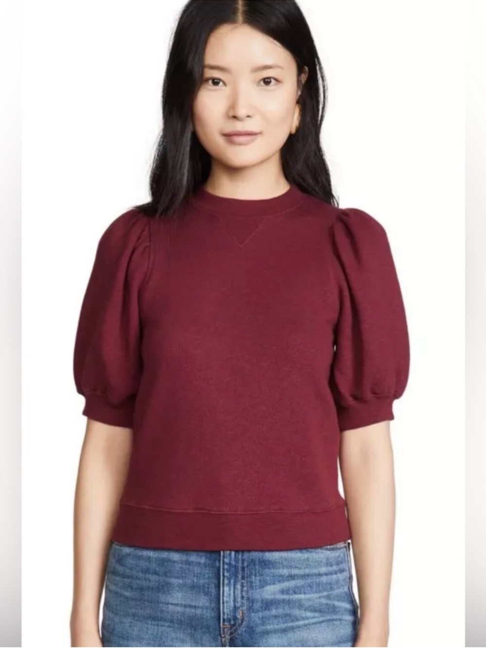 Ulla Johnson Crew Neck Puff Sleeve Maroon Sweatshirt Size Small
